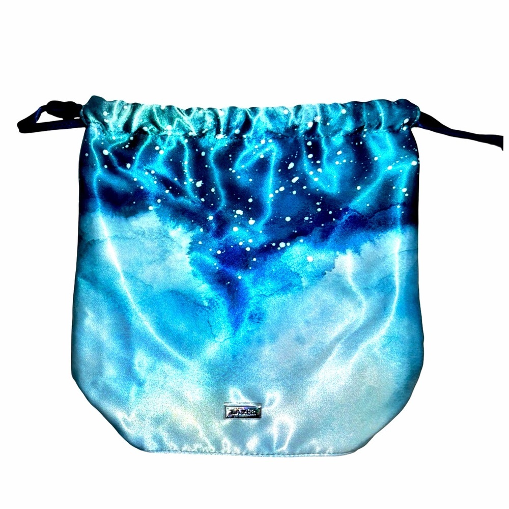 La Mer Luxury Cosmetic Travel Pouch Blue Satin Drawstring Ocean Print Beauty Bag - Picture 5 of 6